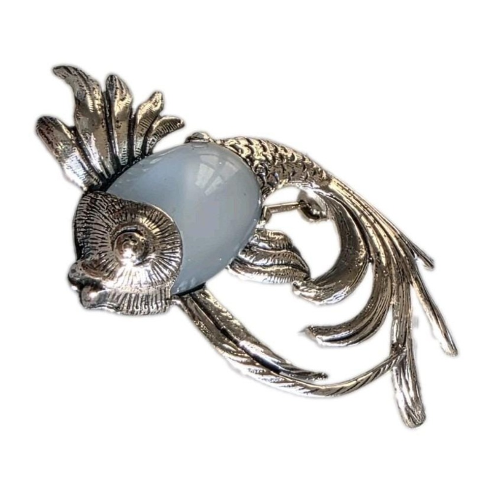 Vintage Beaucraft Sterling Silver Fish Brooch Pin Blue Opal Glass Jelly Belly 9g